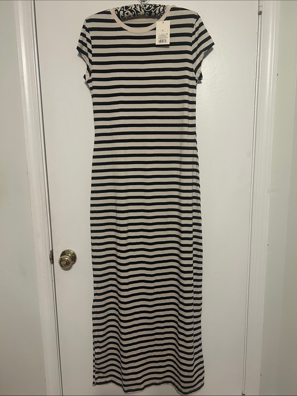 A New Day Black and Cream Striped Short Sleeve Maxi Dress